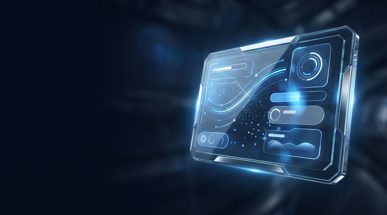 Concept illustration of a glass dashboard with abstract charts and panels